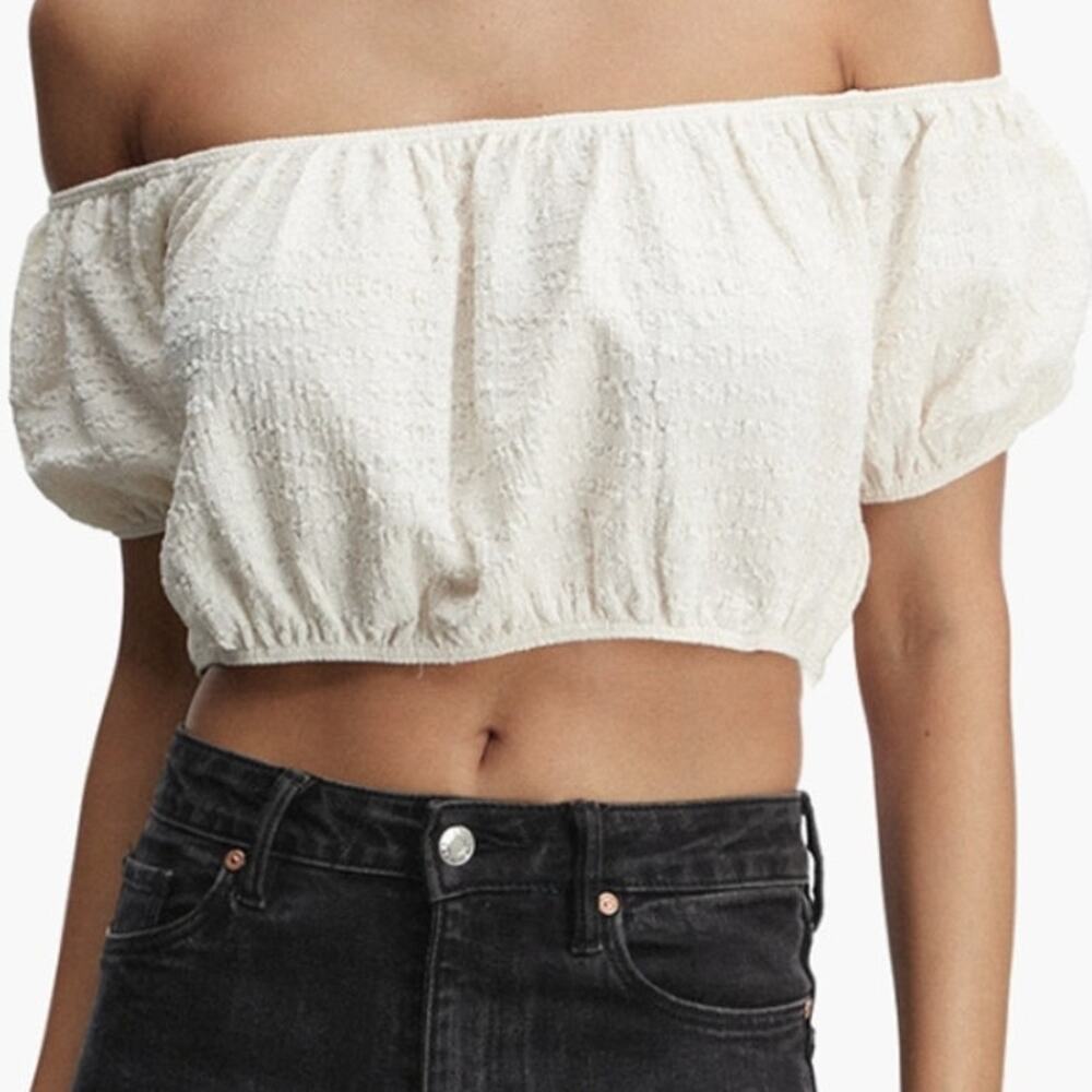 NWT Topshop Cream Off Shoulder Puff Sleeve Crop Top Textured Size M US 8-10